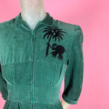 Load image into Gallery viewer, 1940s Emerald Green Corduroy Dress w/ Flocked Velvet Elephants