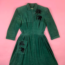 Load image into Gallery viewer, 1940s Emerald Green Corduroy Dress w/ Flocked Velvet Elephants