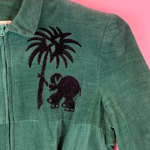 Load image into Gallery viewer, 1940s Emerald Green Corduroy Dress w/ Flocked Velvet Elephants