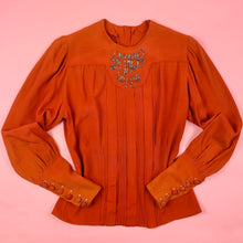 Load image into Gallery viewer, 1940s Beaded Monogram Tomato Red Pleated Blouse