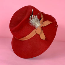 Load image into Gallery viewer, 1940s Red Felt Fedora w/ Feather and Ribbon