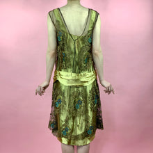 Load image into Gallery viewer, 1920s Egyptian Revival Gold Silk Satin Dress With Metallic Trim & Embroidery