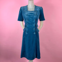 Load image into Gallery viewer, 1940s Peacock Blue Velveteen Dress w/ Buttons