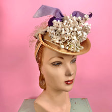 Load image into Gallery viewer, Late 1930s/ 1940s Victorian Style Tilt Hat w/ Flowers and Velvet Ribbon