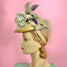 Load image into Gallery viewer, Late 1930s/ 1940s Victorian Style Tilt Hat w/ Flowers and Velvet Ribbon