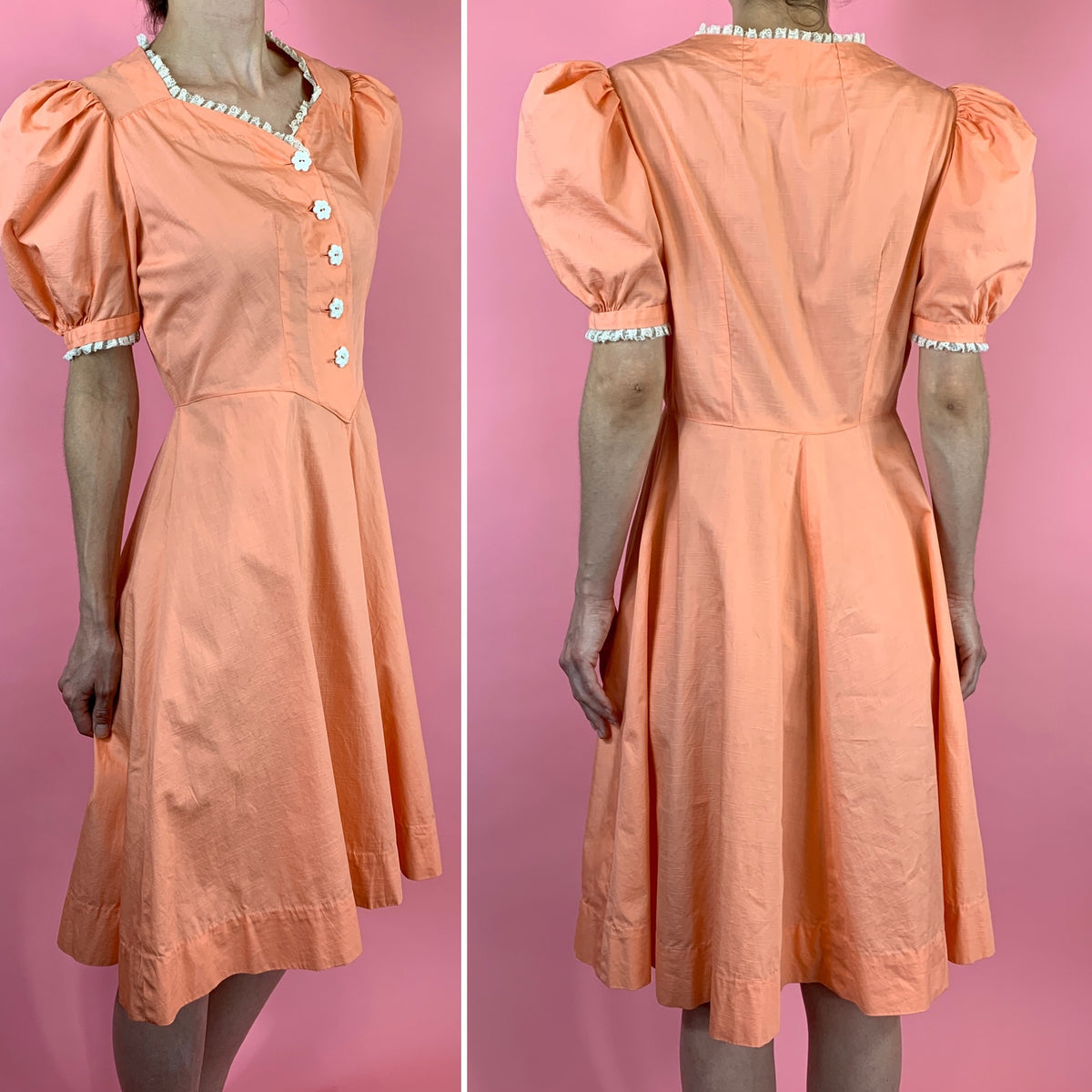 Late 1930s Creamsicle Dress With Puff Sleeves & Lace Moonbaby Vintage