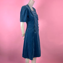 Load image into Gallery viewer, 1940s Peacock Blue Velveteen Dress w/ Buttons