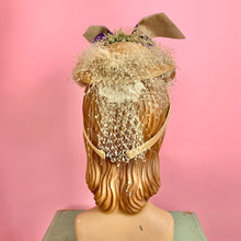 Load image into Gallery viewer, Late 1930s/ 1940s Victorian Style Tilt Hat w/ Flowers and Velvet Ribbon