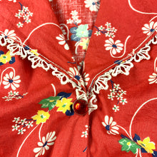 Load image into Gallery viewer, 1930s Red Cotton Print Dress W/ Lace & Gem Buttons