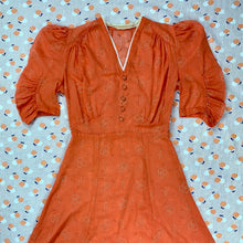 Load image into Gallery viewer, Printed 1930s Orange Voile Dress With Puff Sleeves
