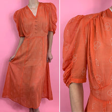 Load image into Gallery viewer, Printed 1930s Orange Voile Dress With Puff Sleeves