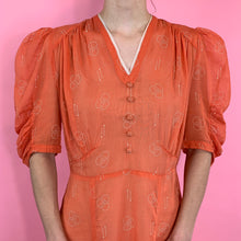 Load image into Gallery viewer, Printed 1930s Orange Voile Dress With Puff Sleeves
