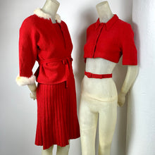 Load image into Gallery viewer, 1940s 5 Piece Red Wool Knit Set w/ White Fur Trim