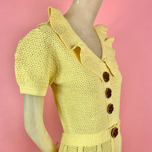 Load image into Gallery viewer, 1930s Butter Yellow Crochet Dress w/ Wooden Flower Buttons
