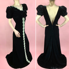 Load image into Gallery viewer, 1930s Black Silk Velvet FOGA Labeled Gown With Huge Puff Sleeves, Lace, & Deep Plunging Back