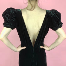 Load image into Gallery viewer, 1930s Black Silk Velvet FOGA Labeled Gown With Huge Puff Sleeves, Lace, & Deep Plunging Back