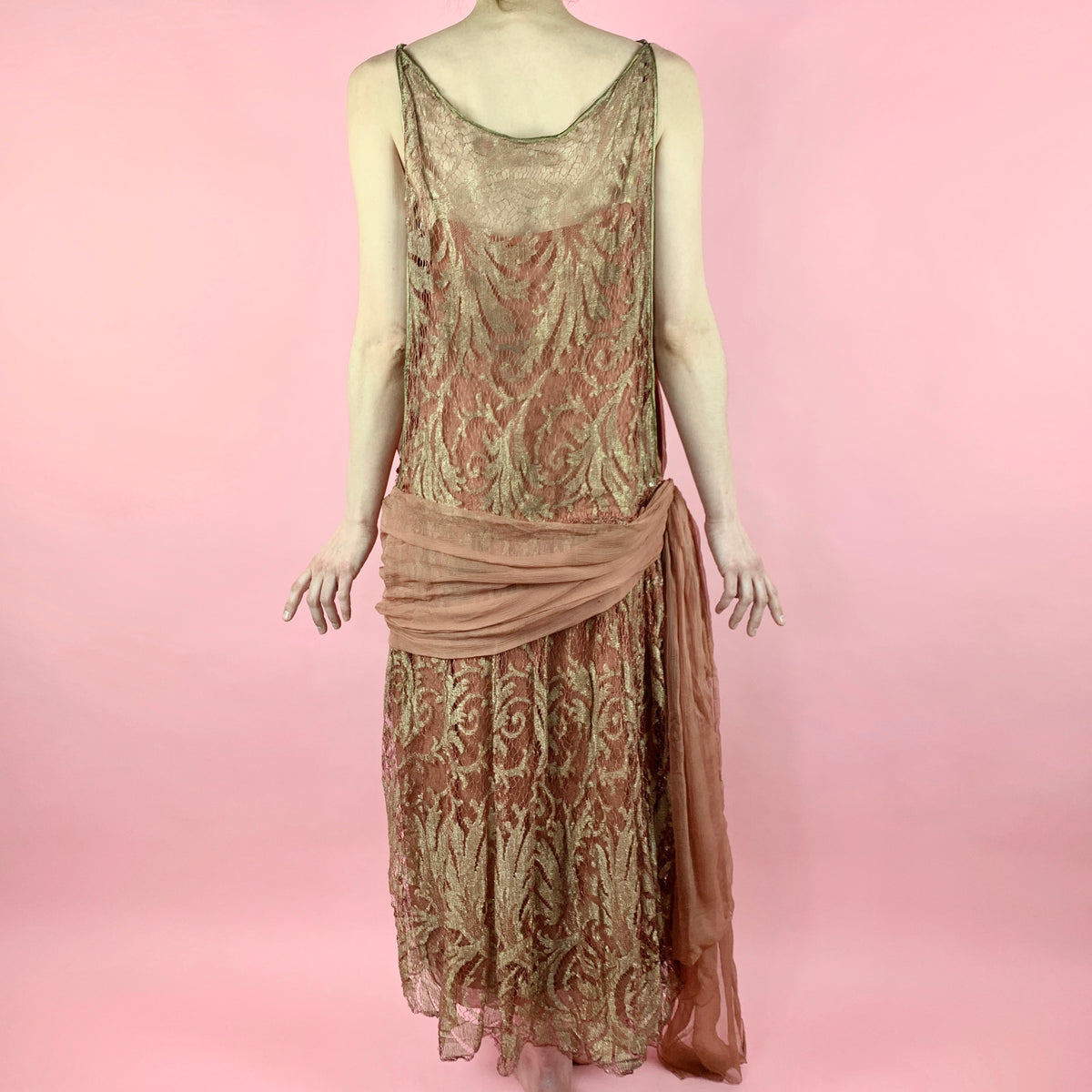 1920s Rose Gold Silk Chiffon Dress With Metallic Lace – Moonbaby Vintage
