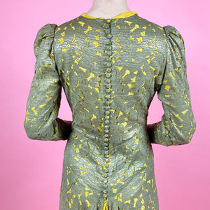 1930s Gold Metallic Lace w/ Chartreuse Silk Evening Gown