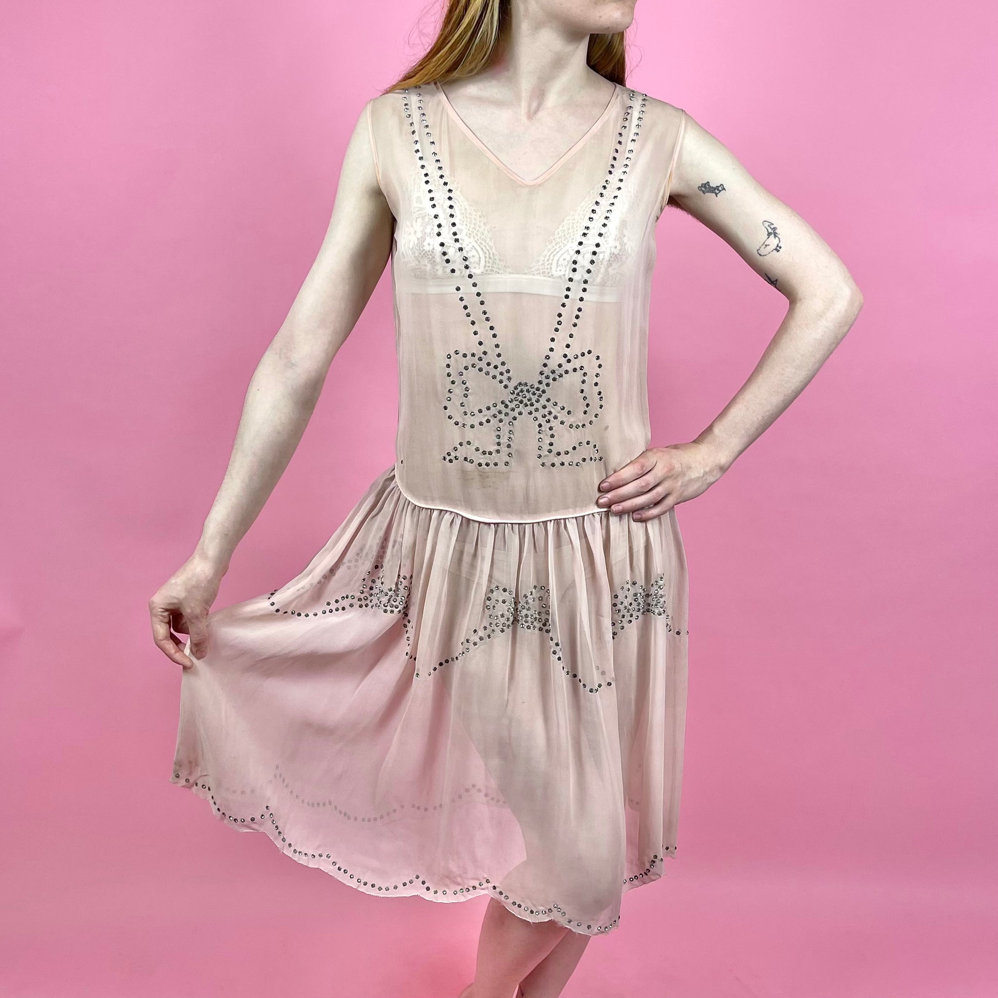 chiffon dress 1920s Orange floral print silk with tiered skirt Antique 1920s Beaded Lace &