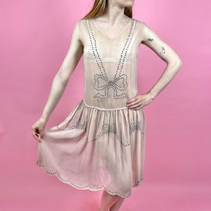 1920s Silk Chiffon Dress w/ Rhinestone Bows