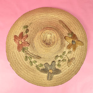 XXL Wide Brim Straw Sun Hat w/ Raffia Embroidered Flowers