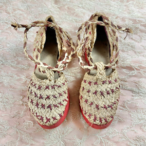 Late 1930s/ Early 1940s Deadstock French Woven Raffia Lace Up Beach Sandals w/ Wooden Platform