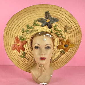 XXL Wide Brim Straw Sun Hat w/ Raffia Embroidered Flowers