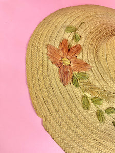 XXL Wide Brim Straw Sun Hat w/ Raffia Embroidered Flowers