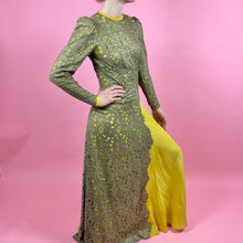 Load image into Gallery viewer, 1930s Gold Metallic Lace w/ Chartreuse Silk Evening Gown
