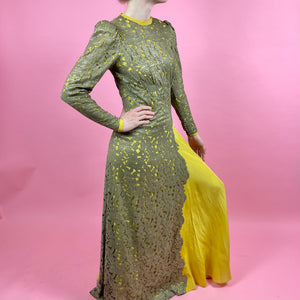 1930s Gold Metallic Lace w/ Chartreuse Silk Evening Gown