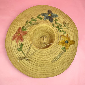 XXL Wide Brim Straw Sun Hat w/ Raffia Embroidered Flowers