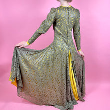 Load image into Gallery viewer, 1930s Gold Metallic Lace w/ Chartreuse Silk Evening Gown
