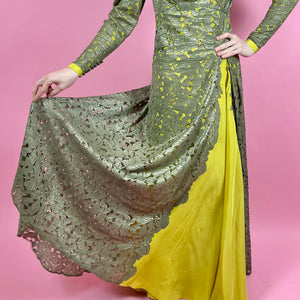 1930s Gold Metallic Lace w/ Chartreuse Silk Evening Gown