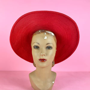 1940s XL Lipstick Red Wide Brim Sun Hat w/ Oversized Ribbon