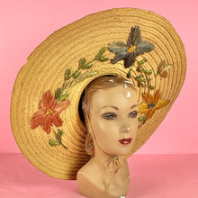 Load image into Gallery viewer, XXL Wide Brim Straw Sun Hat w/ Raffia Embroidered Flowers
