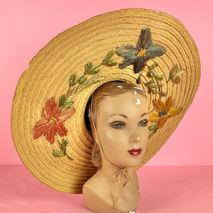 XXL Wide Brim Straw Sun Hat w/ Raffia Embroidered Flowers