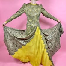 Load image into Gallery viewer, 1930s Gold Metallic Lace w/ Chartreuse Silk Evening Gown
