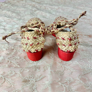 Late 1930s/ Early 1940s Deadstock French Woven Raffia Lace Up Beach Sandals w/ Wooden Platform