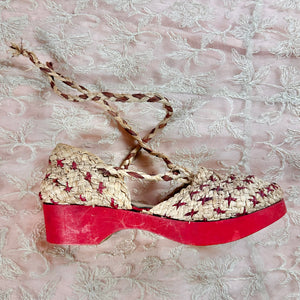 Late 1930s/ Early 1940s Deadstock French Woven Raffia Lace Up Beach Sandals w/ Wooden Platform