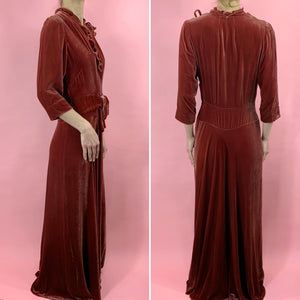 1930s Cranberry Silk Velvet Gown With Ruffles