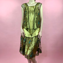 Load image into Gallery viewer, 1920s Egyptian Revival Gold Silk Satin Dress With Metallic Trim &amp; Embroidery
