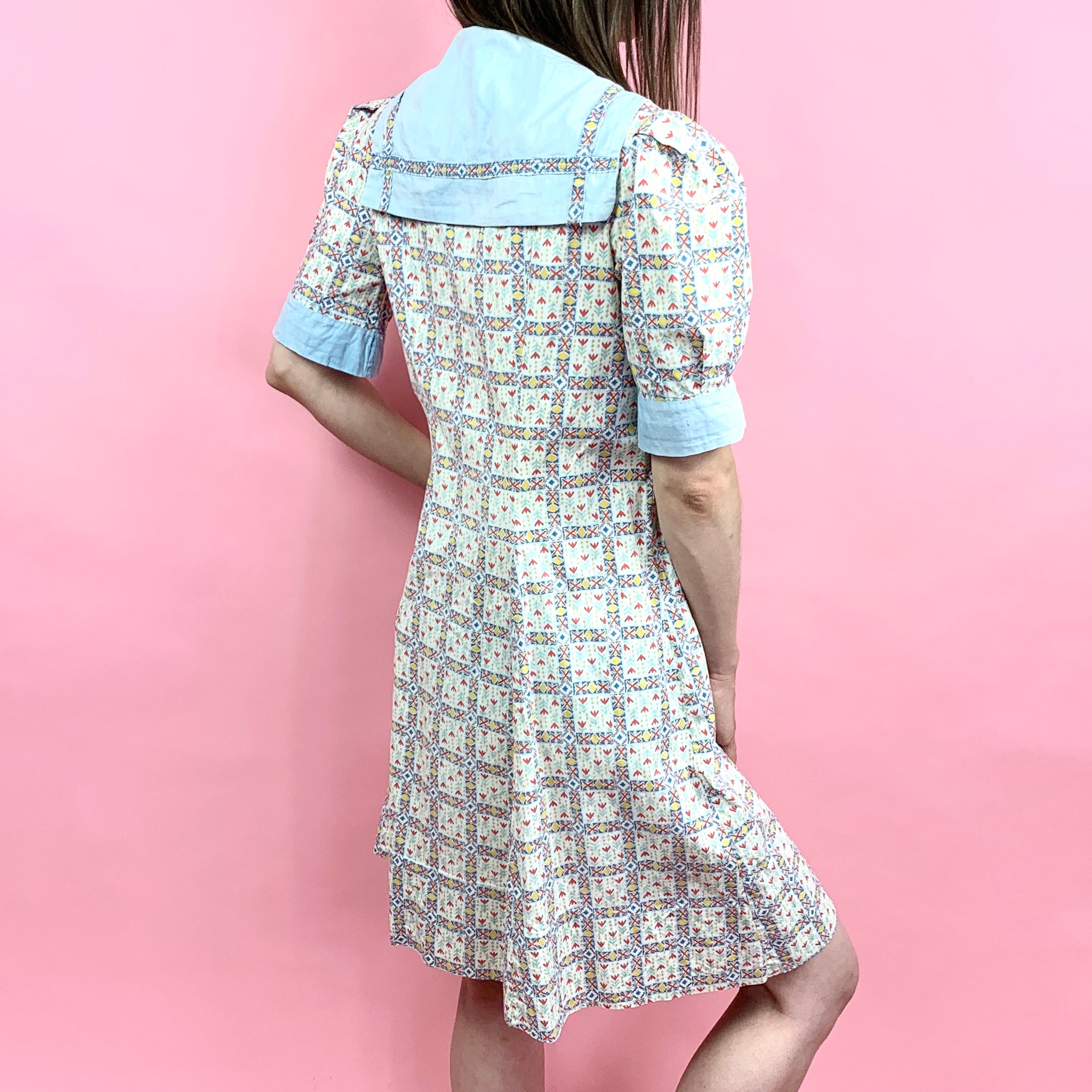 1930s Baby Blue Folk Printed Cotton Dress With Puff Sleeves & Sailor C Moonbaby Vintage 1930s Baby Blue Folk Printed Cotton Dress With Puff Sleeves & Sailor C Moonbaby Vintage
