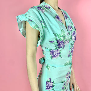 Mint Green 1940s Seersucker Hostess Gown w/ Purple Roses