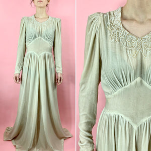 1930s Pearl Embroidered Silk Velvet Gown