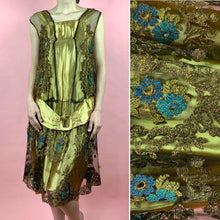 Load image into Gallery viewer, 1920s Egyptian Revival Gold Silk Satin Dress With Metallic Trim &amp; Embroidery
