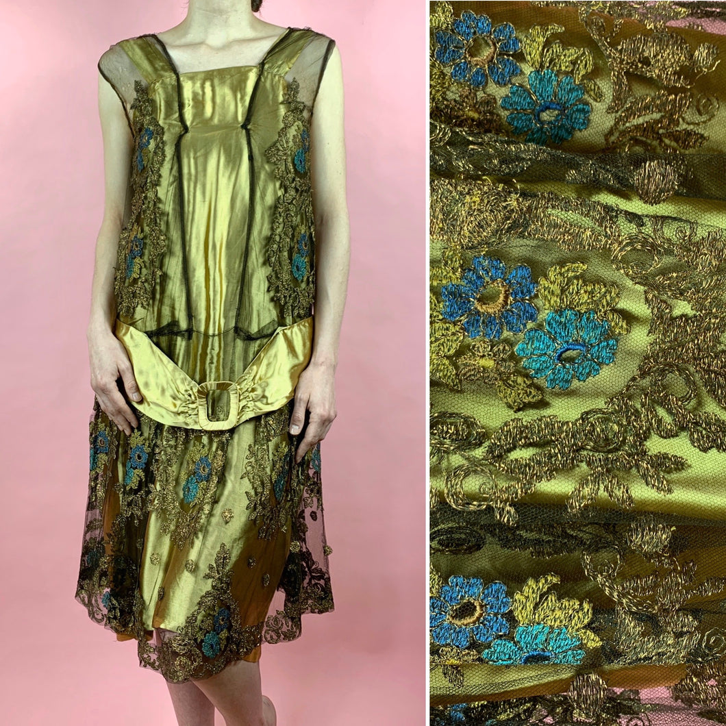 1920s Egyptian Revival Gold Silk Satin Dress With Metallic Trim & Embroidery