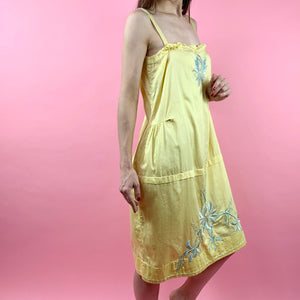 1920s Daffodil Yellow Cotton Sateen Slip Dress W/ Nouveau Embroidery