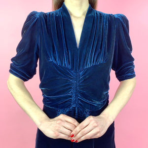 Late 1930s Sapphire Blue Velvet Dress