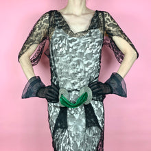 Load image into Gallery viewer, 1930s Webby Silk Lace Gown With Green Velvet &amp; Rhinestone Sash
