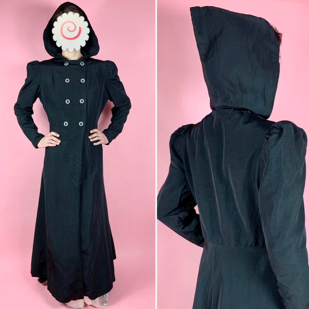 1930s Rayon Faille Hooded Floor Length Evening Coat